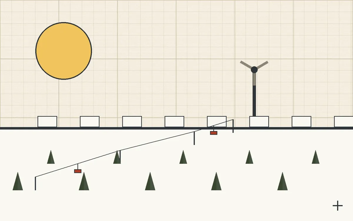 Flat geometric illustration of a Vermont ski mountain drawn as stepped snow planes, with a wind turbine on the summit and a chairlift climbing the slope