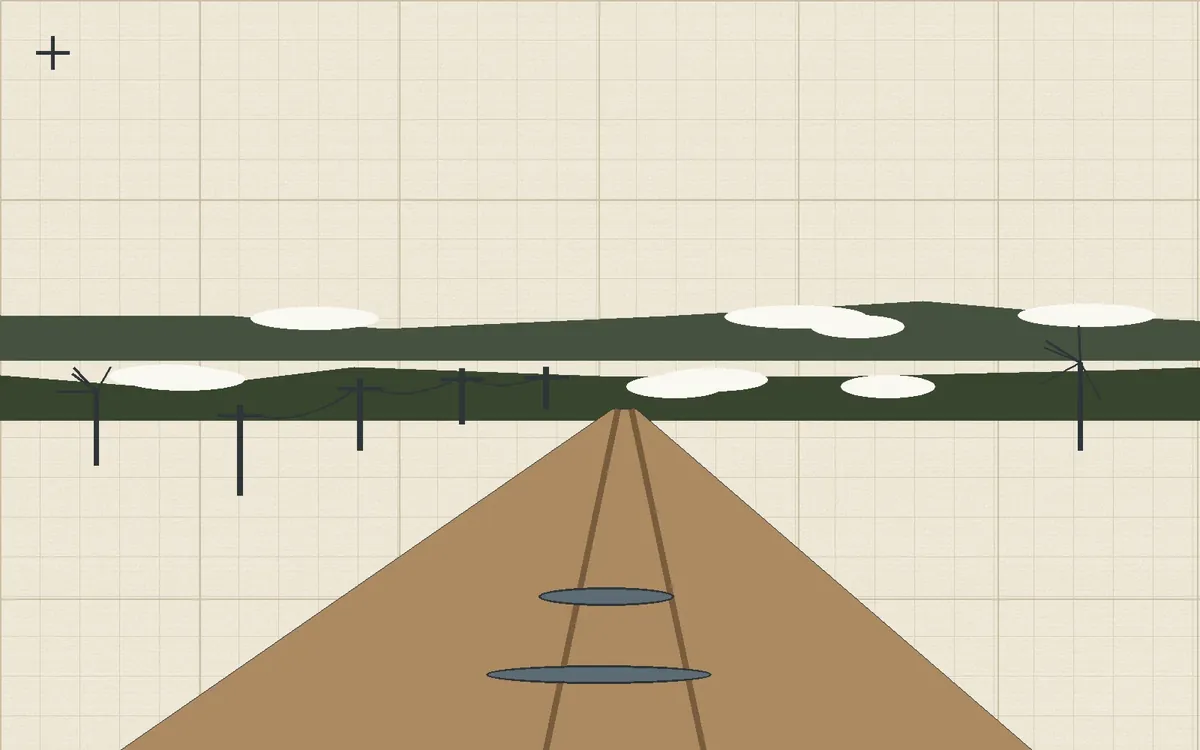 Flat geometric illustration of a thawing Vermont dirt road with wheel ruts and standing water, utility poles with sagging wires marching into the distance, and low hills with melting snow